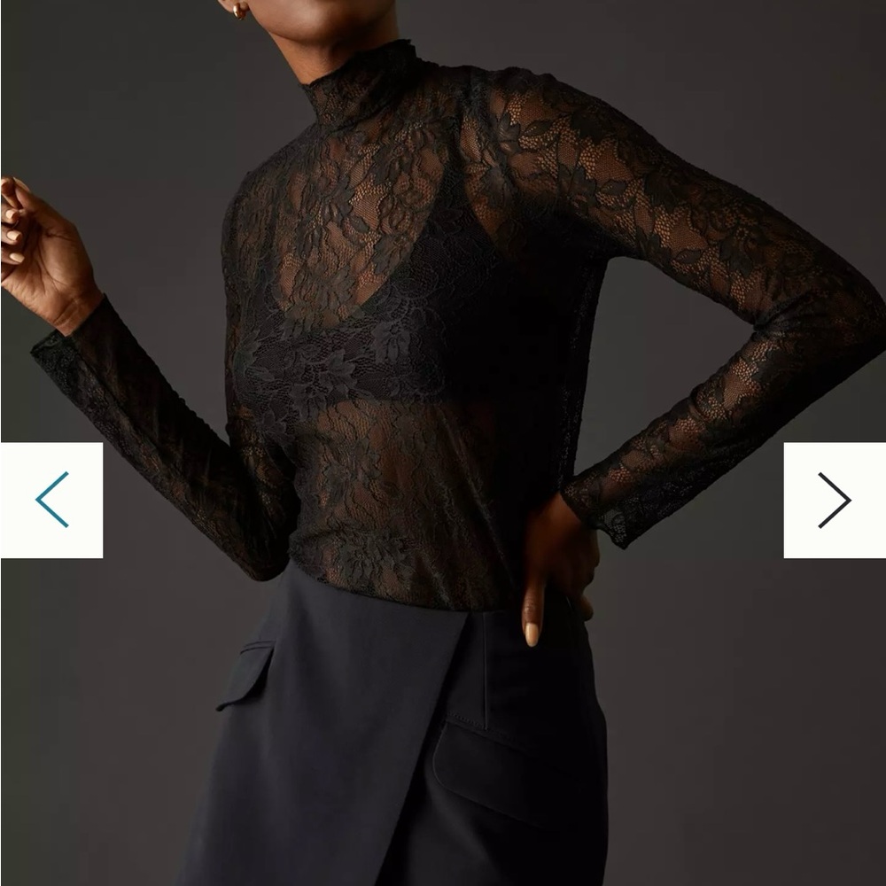 Anthropologie Black Sheer Lace Mock-Neck Long-Sleeve Top